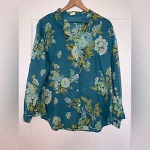 Indian cotton pajama set, long sleeve, long pants, turquoise cabbage rose print